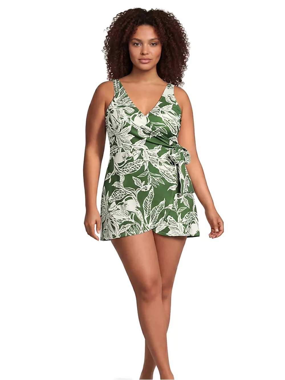 NWT Lands End Side Tie Mini Swim Dress Swimsuit Fusion Green White Leaves 14